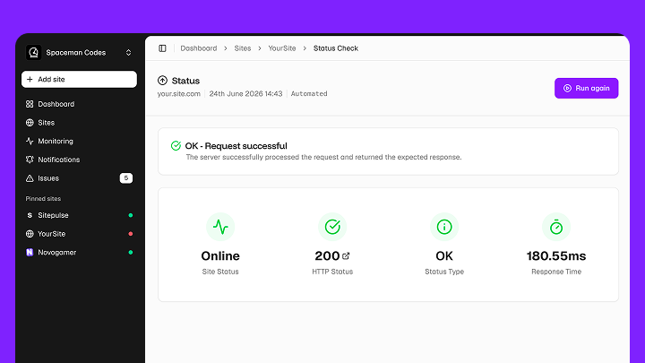Sitepulse status check detail view showing YourSite back online with HTTP 200